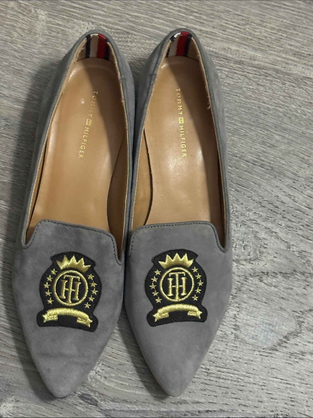 Tommy Hilfiger Gray Suede Pointed Crest Flats with Gold Embroidery